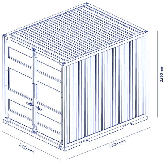 Grafische Darstellung eines 10 Fuß Stahlcontainers und seiner Abmessungen