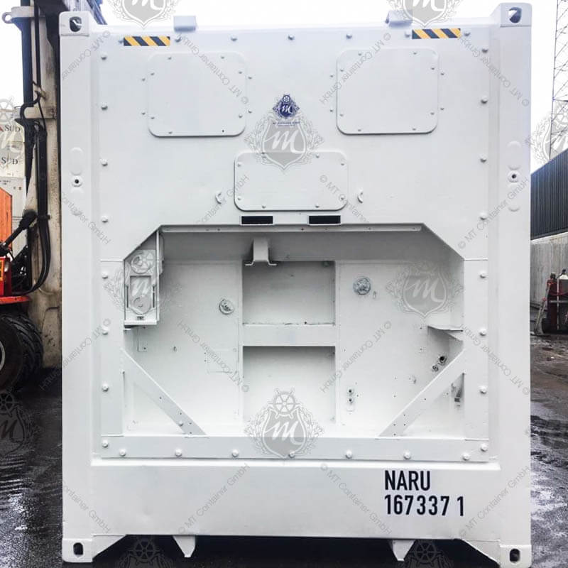 Ein weißer 40 Fuß High Cube Isoliercontainer NARU 167337-1 mit robustem, rechteckigem Design und technischen Details auf der Oberfläche.