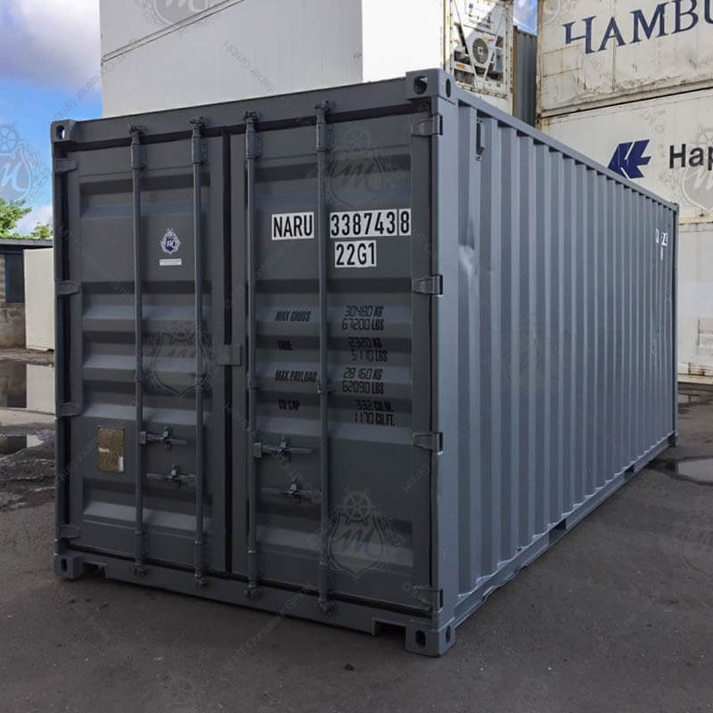 Das Bild zeigt einen grauen 20-Fuß-Seecontainer mit der Aufschrift „NARU 338743-8“. Der Container hat an der Vorderseite zwei verschlossene Türen.