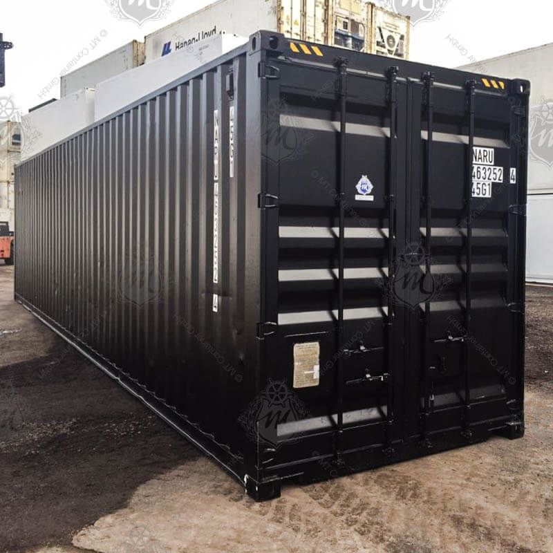 Ein schwarzer 40 Fuß High Cube Seecontainer mit der Kennzeichnung NARU 463252-4.
